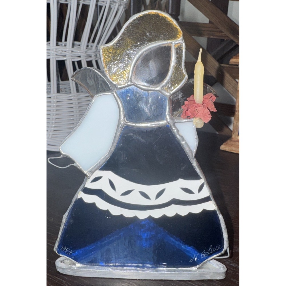 Vintage Stained Glass Angel - Signed N. Cotuce, 1984 6.75" X 4.75" Candle Holder
